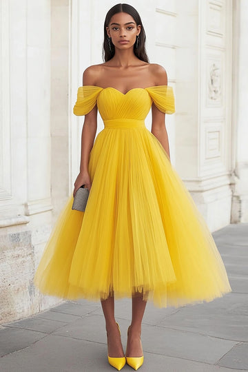 Yellow Off The Shoulder A Line Tulle Prom Dress